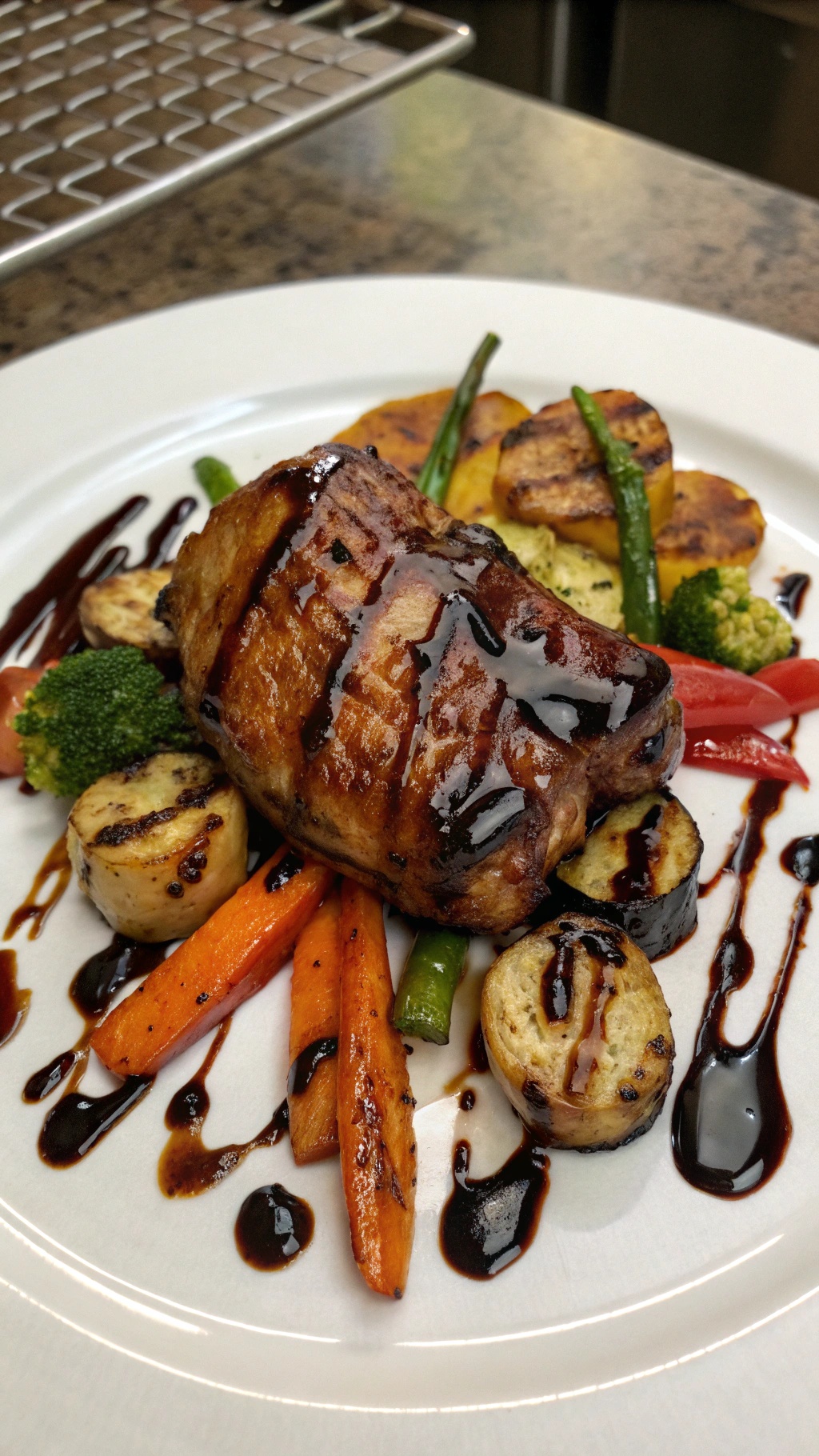 Balsamic glazed chicken thighs served with colorful roasted vegetables on a white plate.