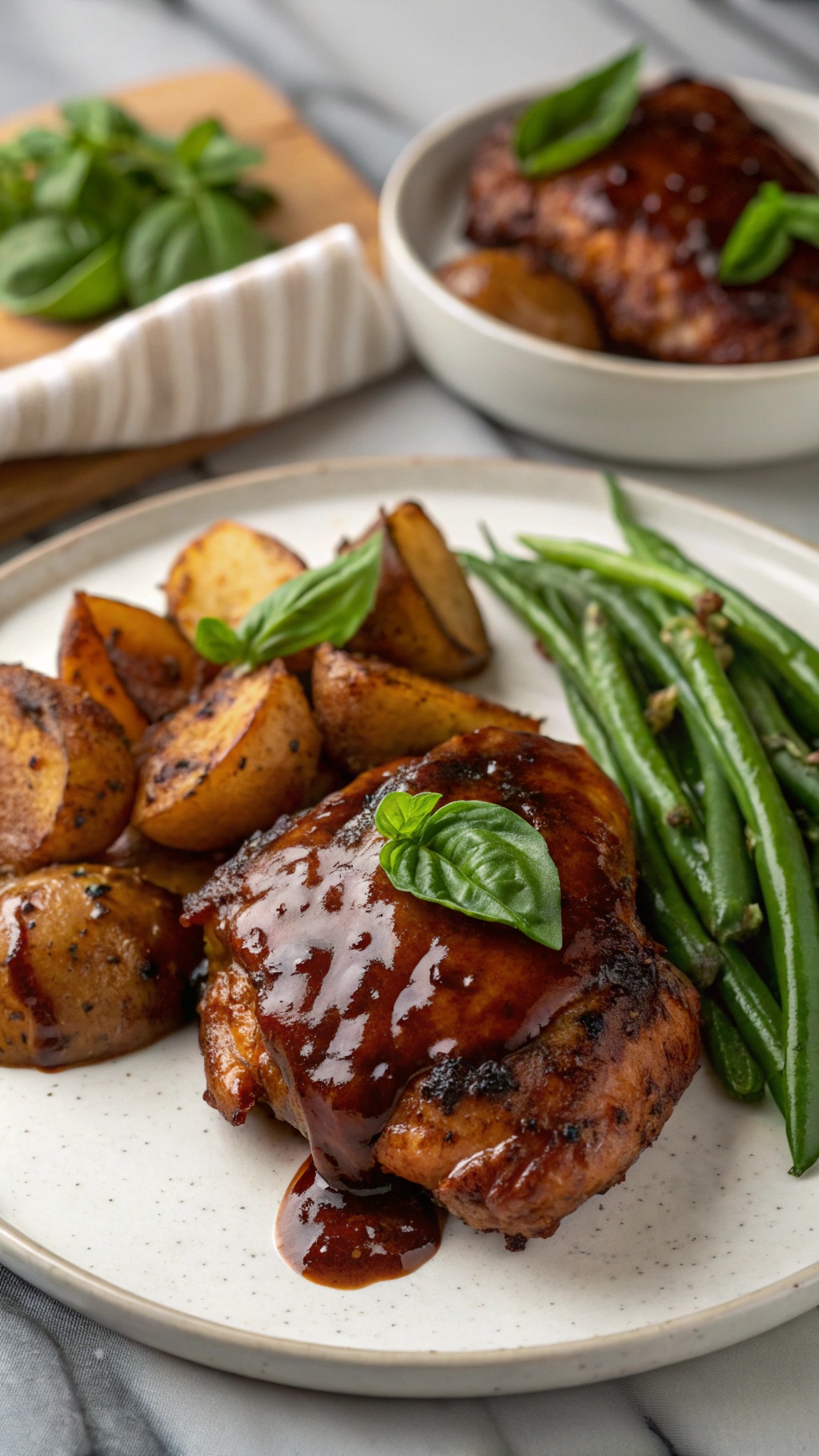 Balsamic glazed chicken thighs served with roasted potatoes and green beans, garnished with fresh basil.