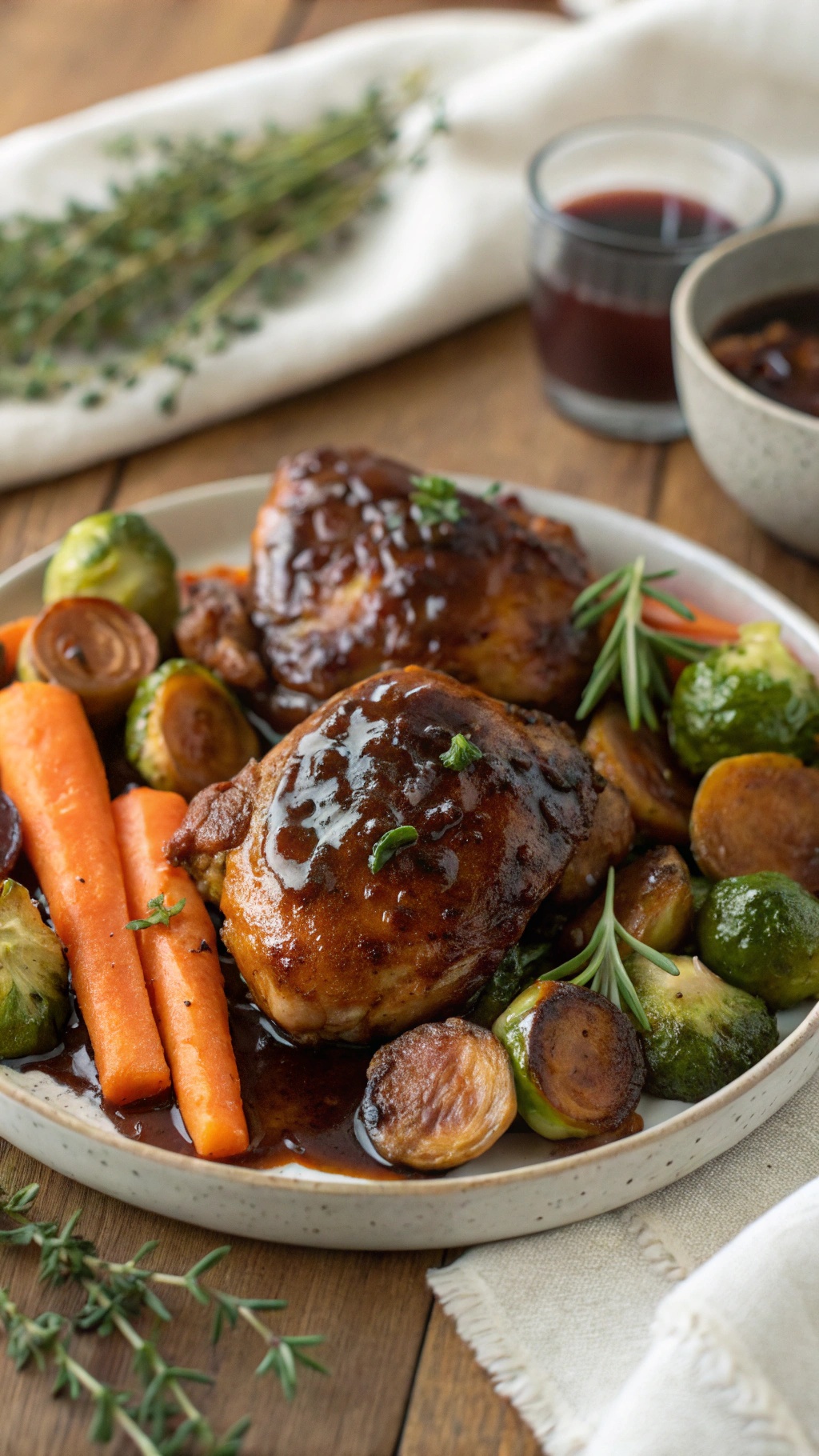 Balsamic glazed chicken thighs with carrots and Brussels sprouts on a plate.