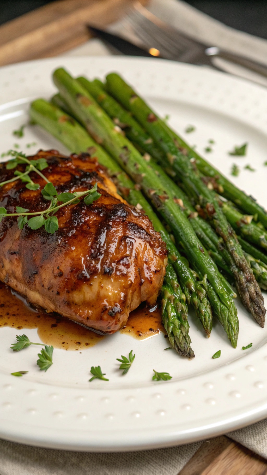Balsamic glazed chicken thighs served with asparagus on a white plate.