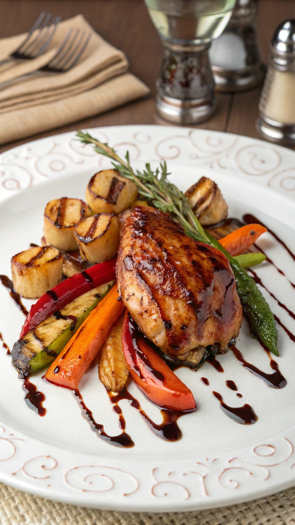 Balsamic glazed chicken thighs served with grilled vegetables on a decorative plate.