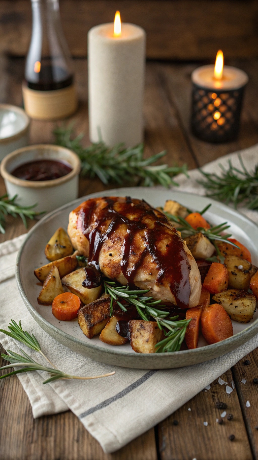 Balsamic glazed chicken breast served with roasted vegetables and garnished with rosemary