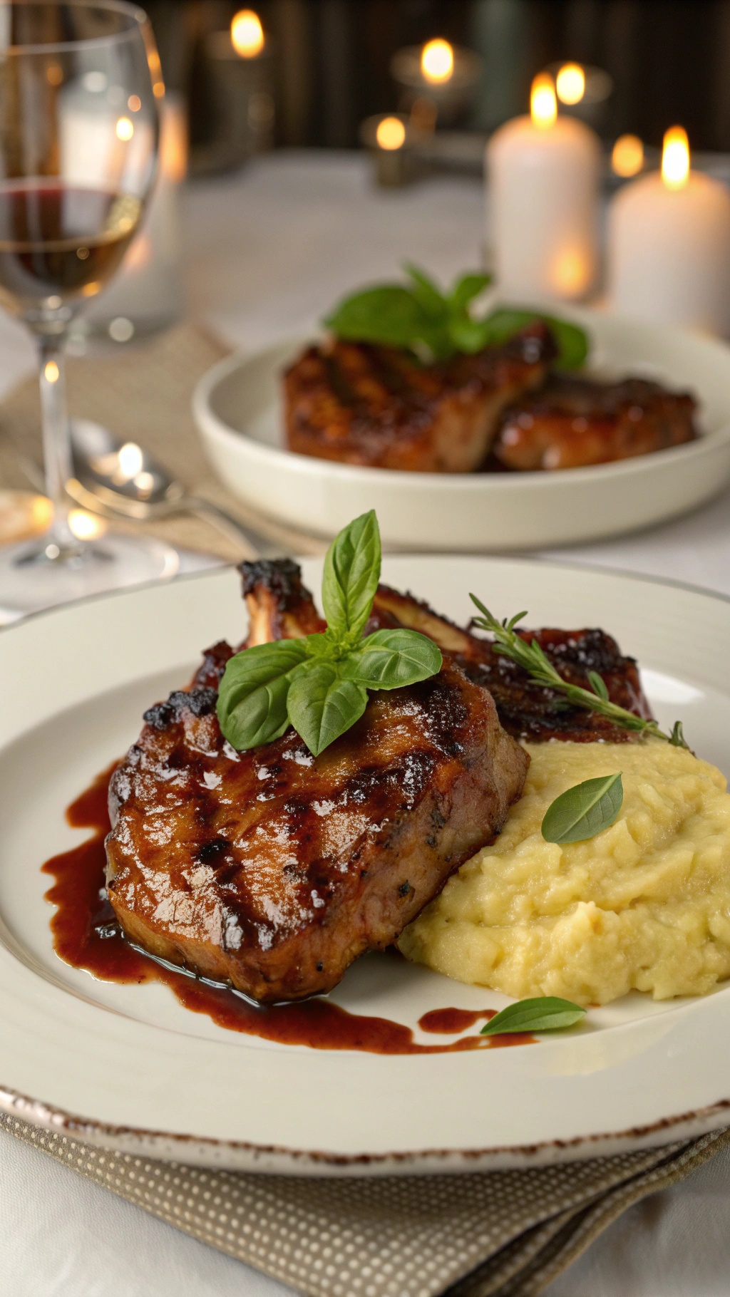 Balsamic glazed pork chops served with mashed potatoes and garnished with herbs