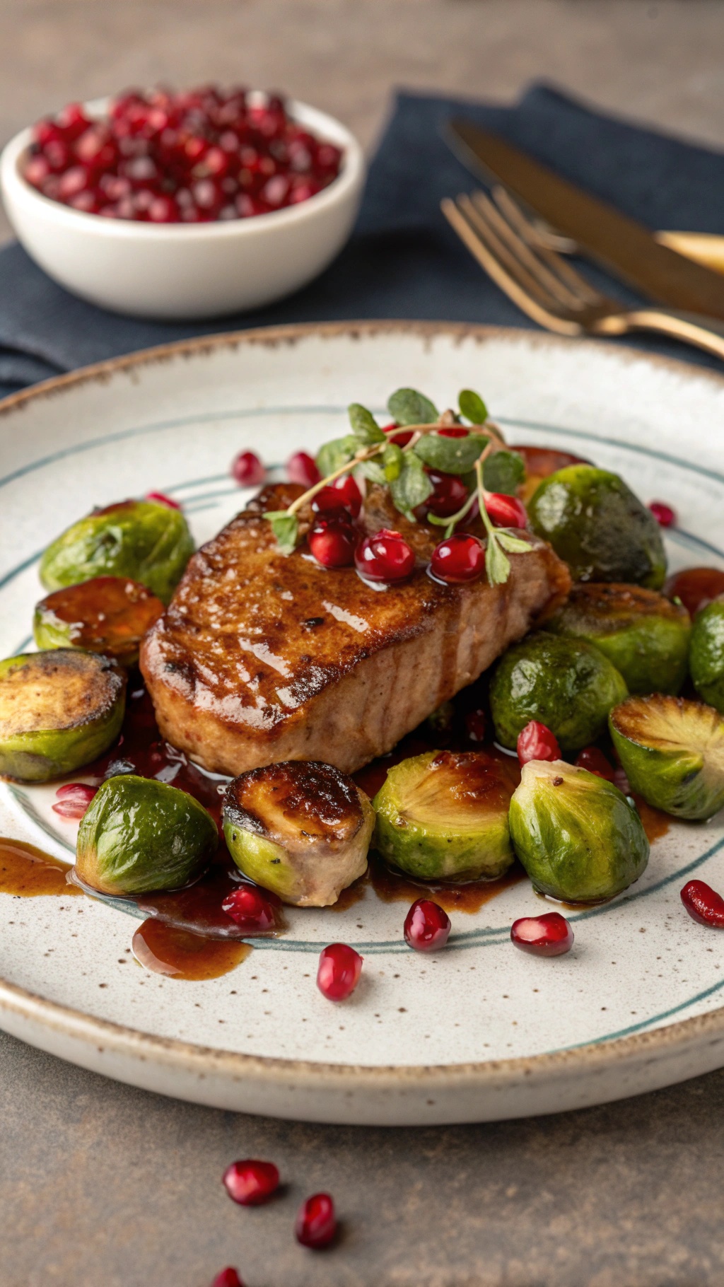 Balsamic glazed pork chops with Brussels sprouts and pomegranate seeds on a plate.