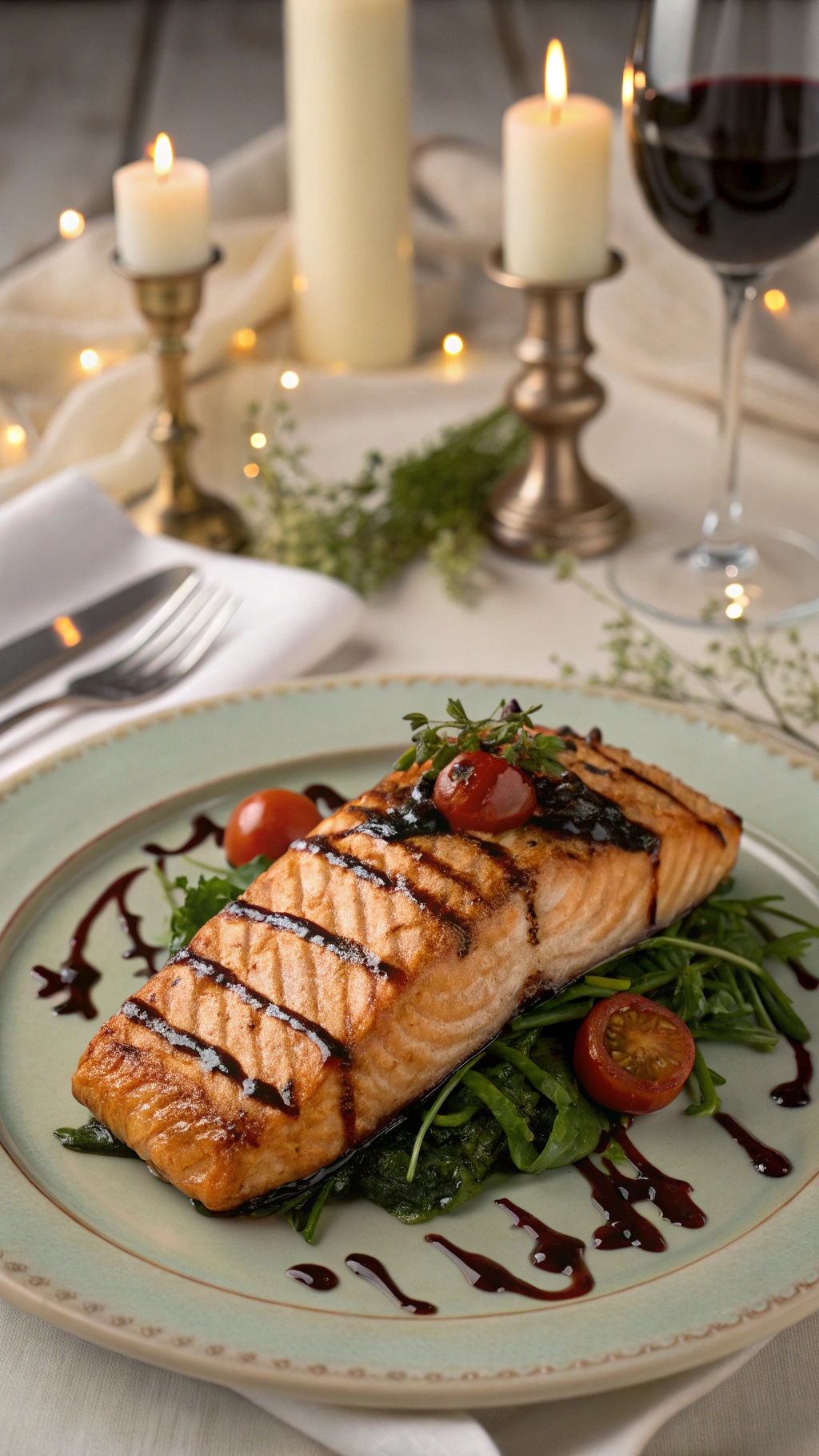 A beautifully plated balsamic glazed salmon dish with cherry tomatoes and greens, set in a cozy dining atmosphere.