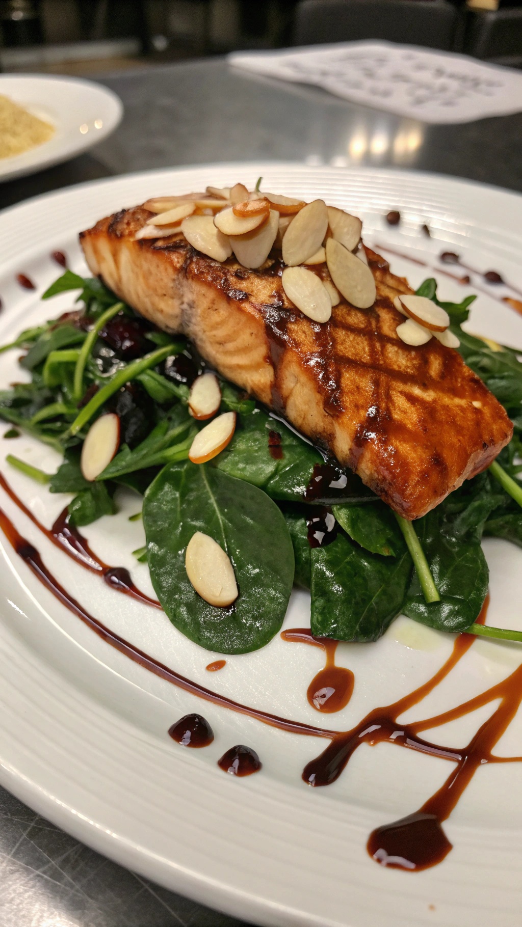 Balsamic glazed salmon served on a bed of spinach with slivered almonds on top.