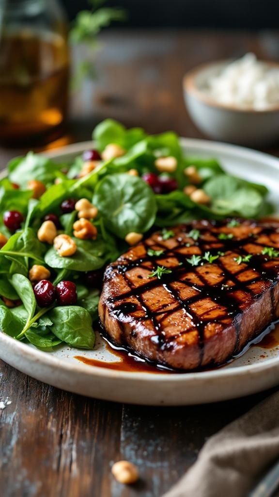 Balsamic glazed steak served with a fresh spinach salad, featuring hazelnuts and cranberries.