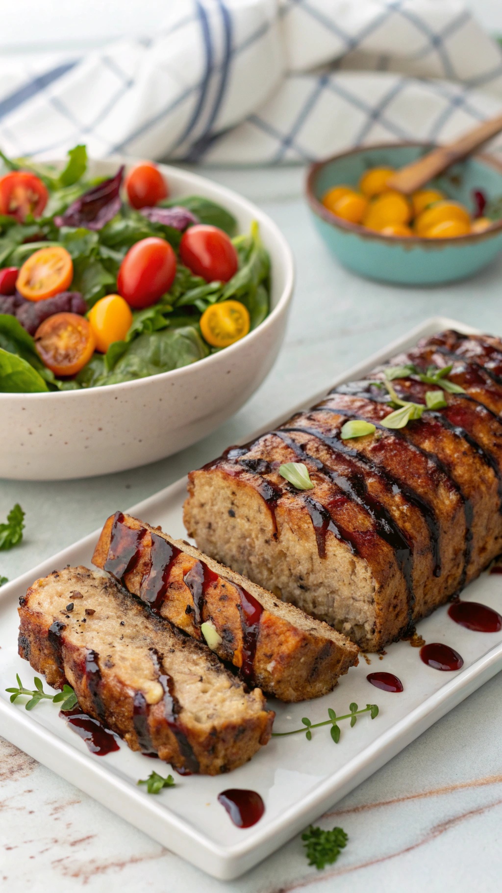 Balsamic Glazed Turkey & Veggie Meatloaf served with a fresh salad