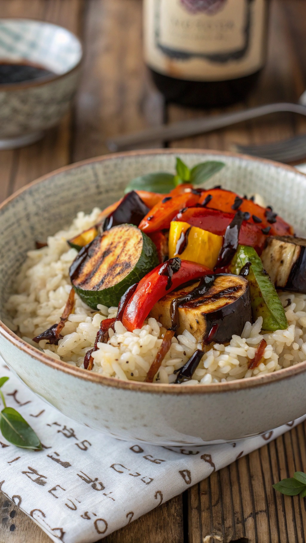 Bowl of Balsamic Glazed Veggie Rice topped with grilled vegetables