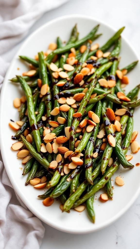 A platter of balsamic roasted green beans topped with sliced almonds.