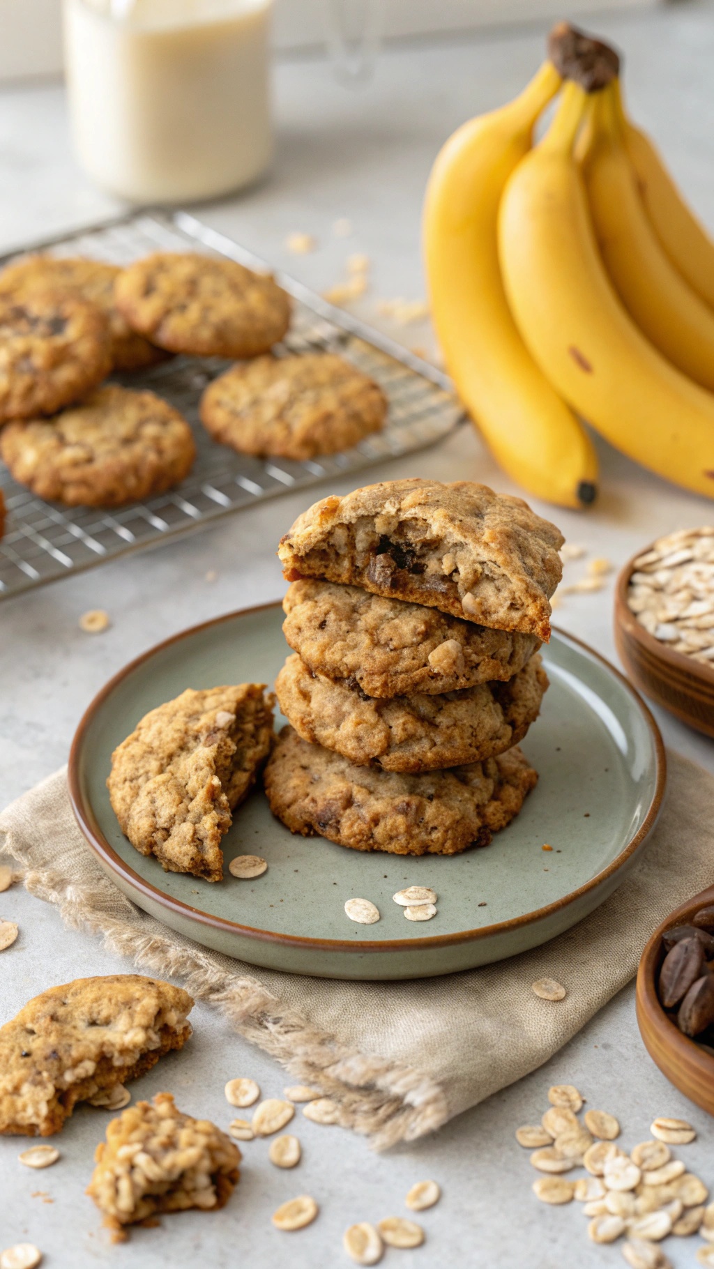 A stack of banana oatmeal cookies on a plate with fresh bananas and oats in the background.