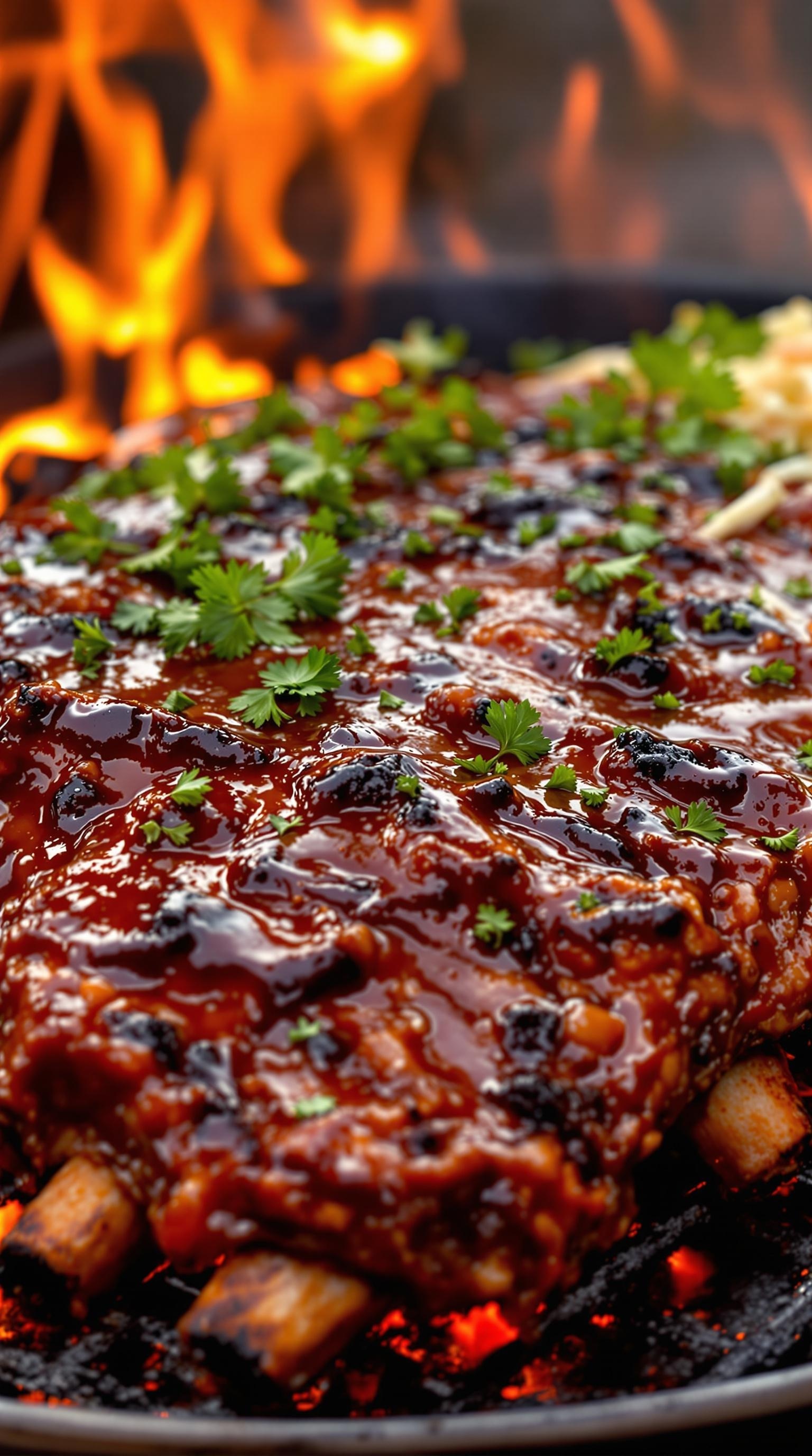 Delicious barbecue beef ribs on the grill with a smoky background