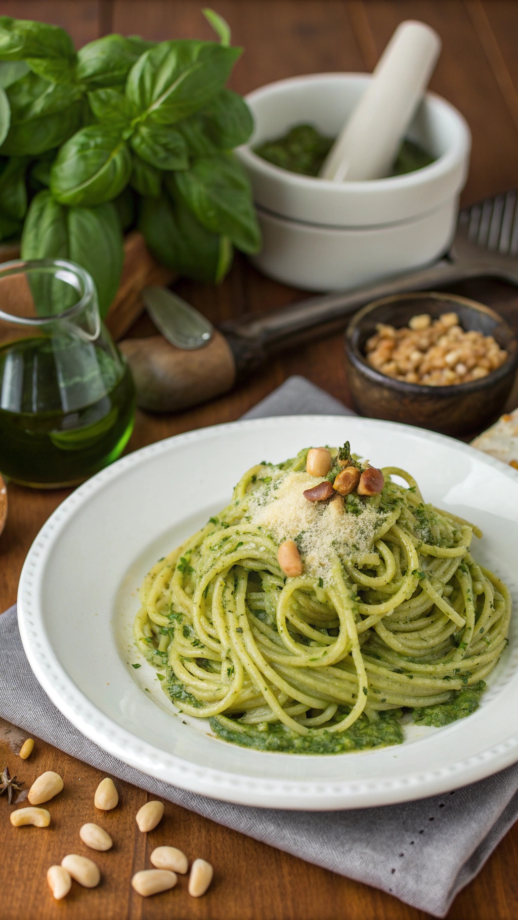 A plate of spaghetti topped with basil pesto, pine nuts, and parmesan cheese, with fresh basil leaves and olive oil in the background.