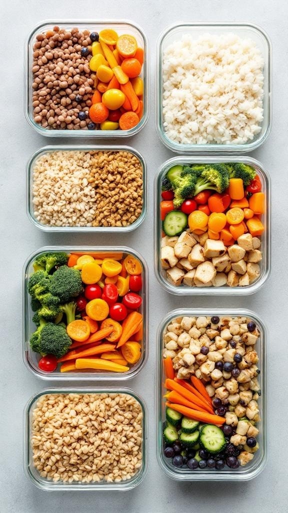Various meal prep containers filled with grains, proteins, and vegetables for batch cooking.