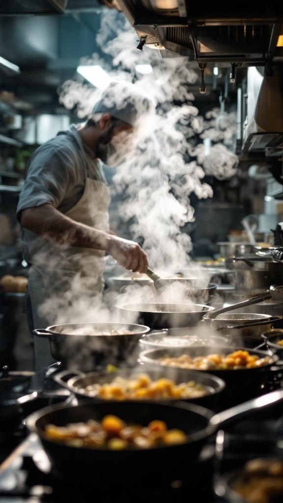 A chef cooking in a busy kitchen with steam rising from multiple pots.