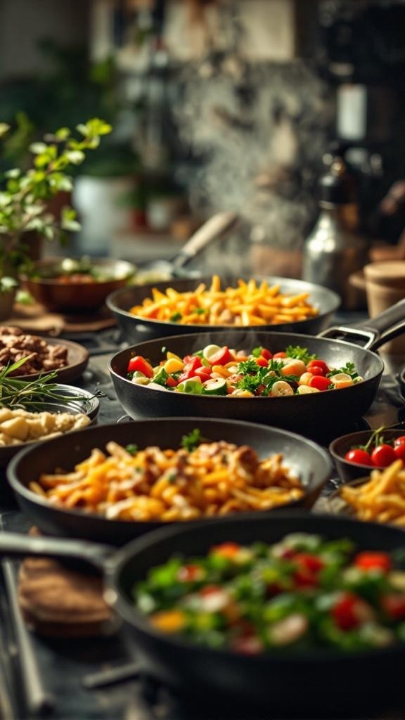 A kitchen scene with various dishes including pasta and fresh vegetables, showcasing batch cooking techniques.