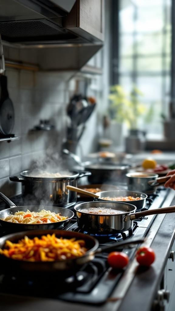 A busy kitchen with multiple pots and pans cooking various ingredients on the stove.