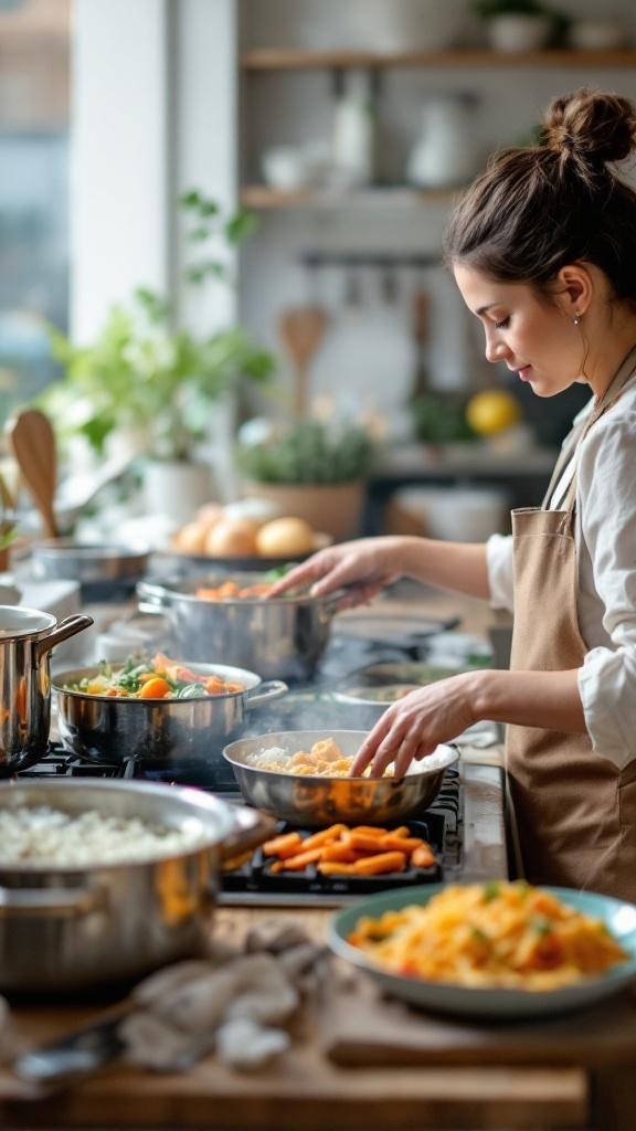 A woman cooking in a busy kitchen with multiple pots and pans.