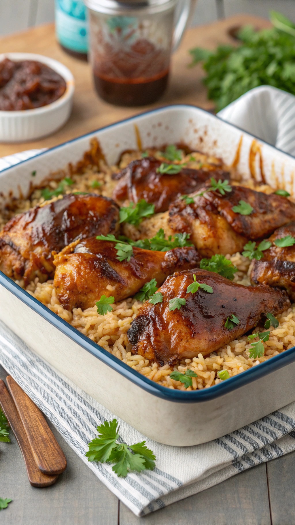 BBQ Chicken and Rice Bake with cilantro garnish