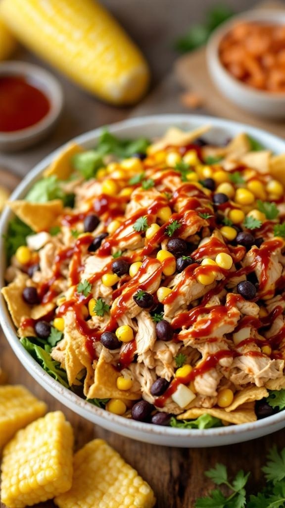 A colorful BBQ chicken salad with corn, black beans, and tortilla chips, drizzled with BBQ sauce.