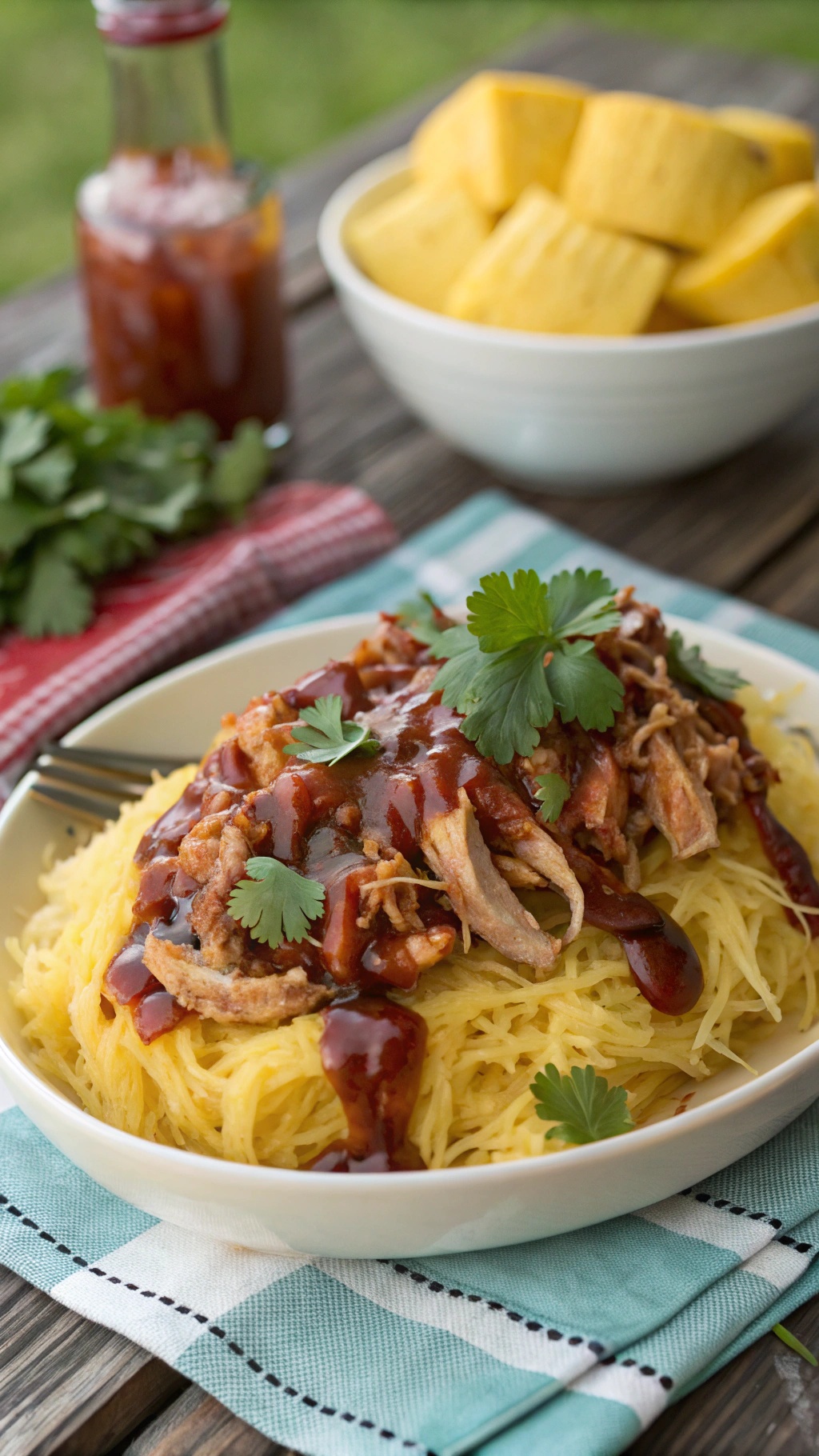 A plate of BBQ Chicken Spaghetti Squash topped with shredded chicken and garnished with cilantro.
