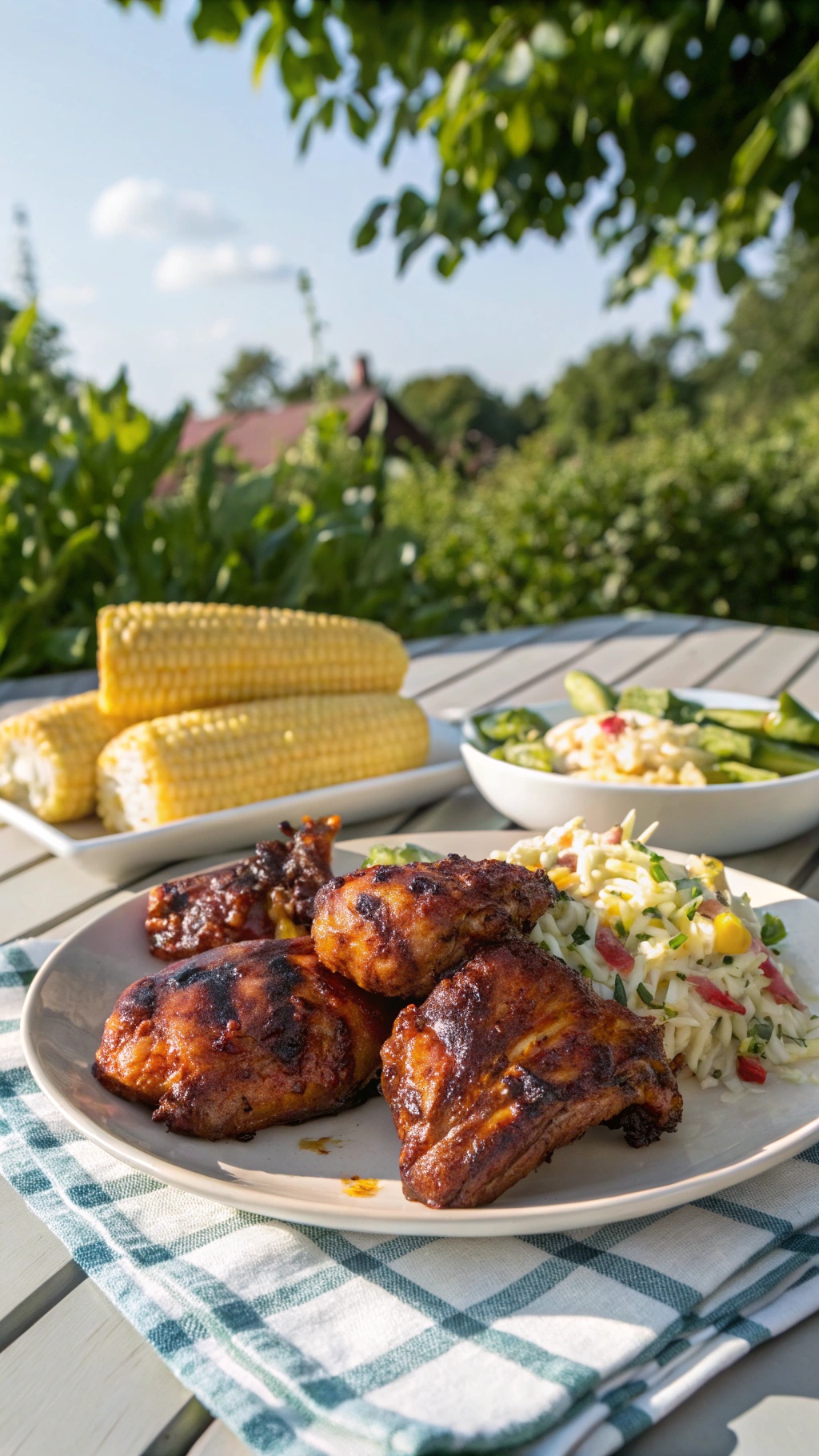 BBQ chicken thighs with corn on the cob and salad on a plate