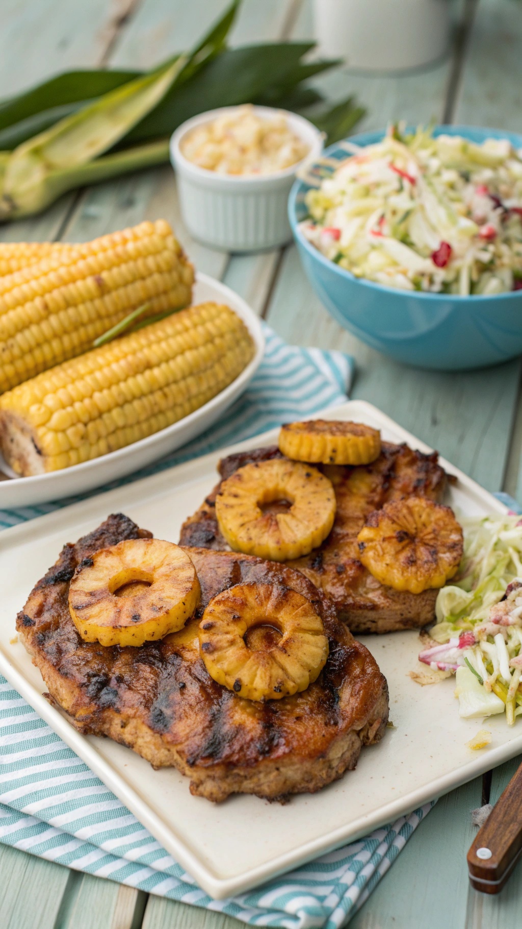 BBQ pork chops with grilled pineapple, corn on the cob, and coleslaw on a plate.