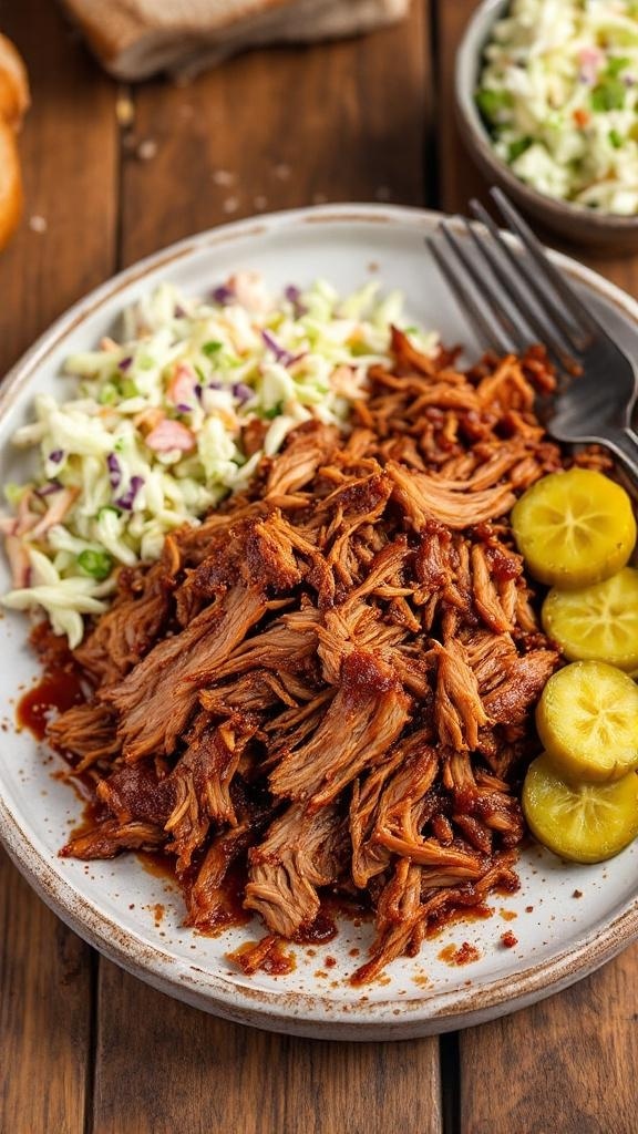 A plate of BBQ pulled pork served with coleslaw and pickles.
