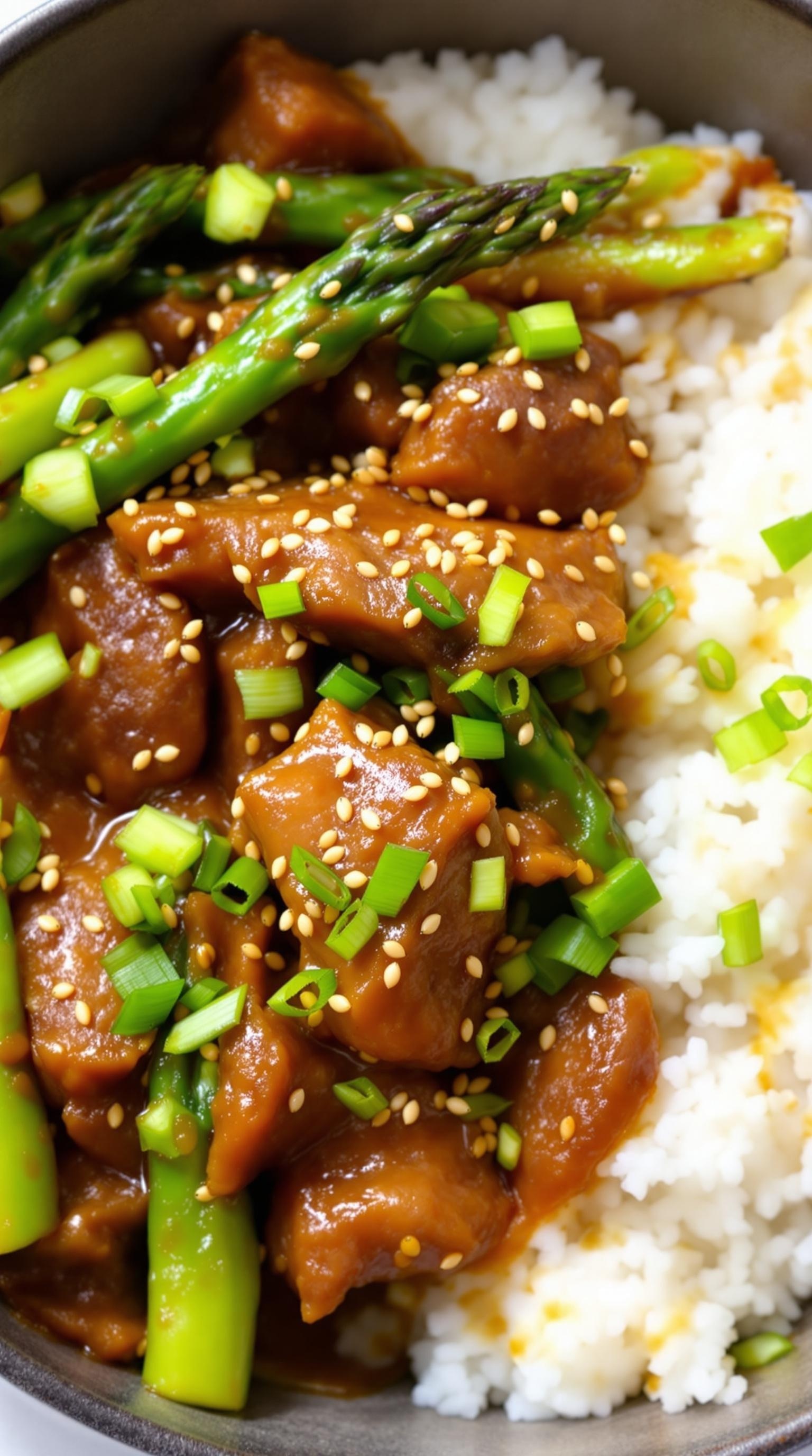 A delicious beef and asparagus stir-fry served over rice, garnished with green onions and sesame seeds.