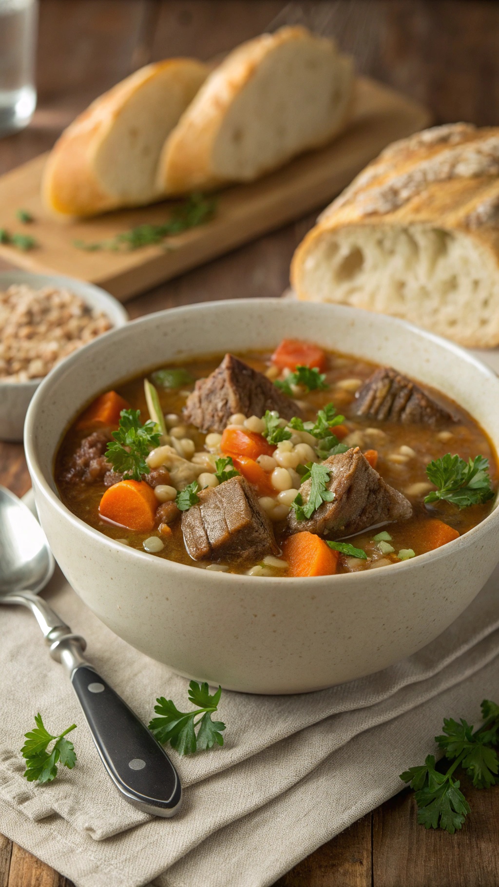 A bowl of beef and barley soup with vegetables and fresh parsley, alongside slices of crusty bread.