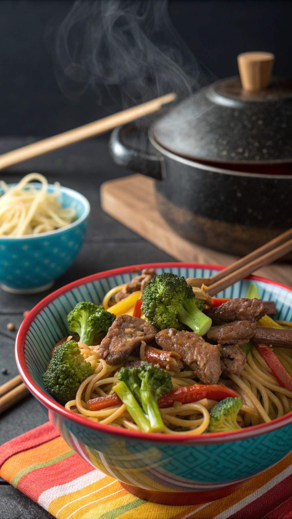 A colorful bowl of beef and broccoli spaghetti stir-fry with vibrant vegetables and steam rising from the dish.