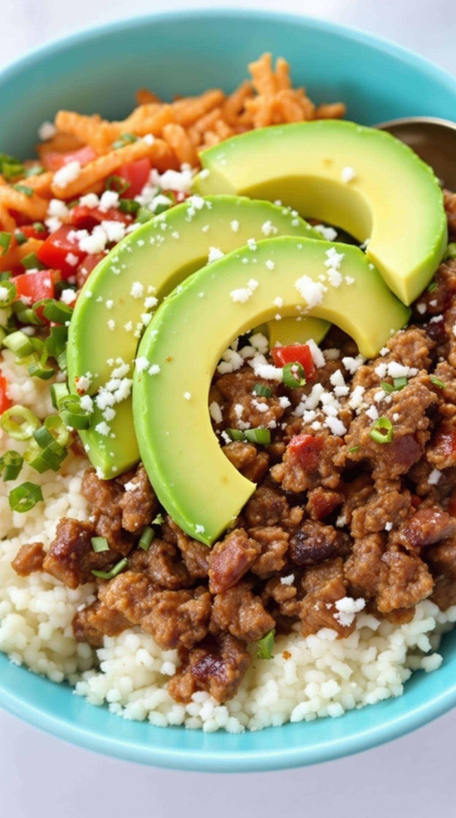 A colorful Beef and Cauliflower Rice Bowl with ground beef, avocado slices, diced tomatoes, and green onions.