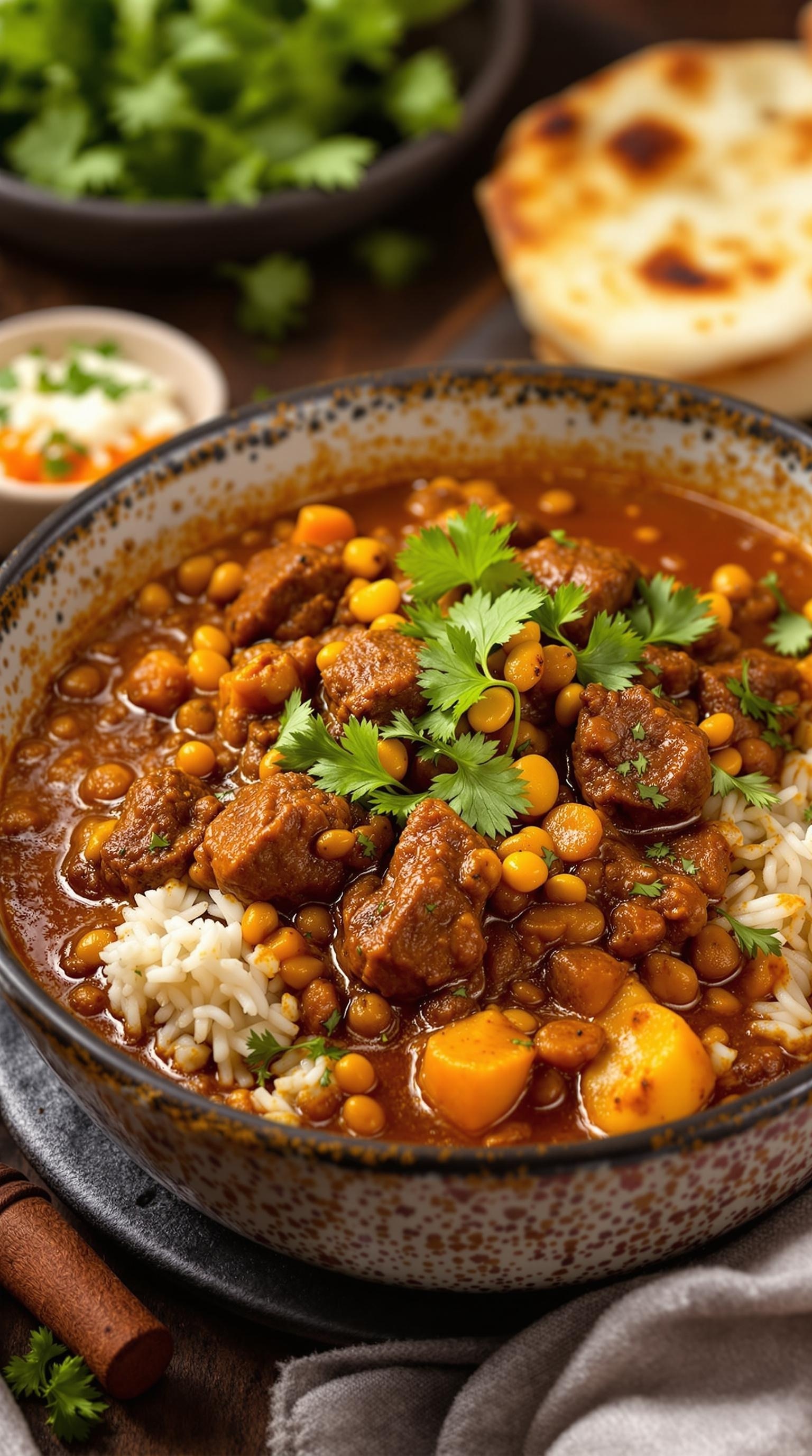 A bowl of beef and lentil curry topped with fresh cilantro, served with rice and naan.