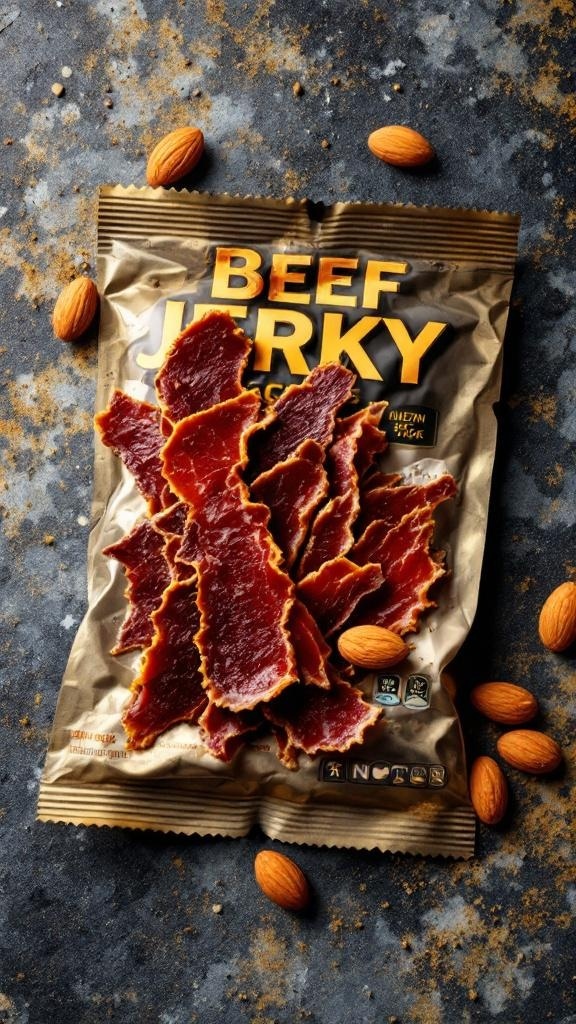 A pack of beef jerky with strips of meat and almonds scattered around.