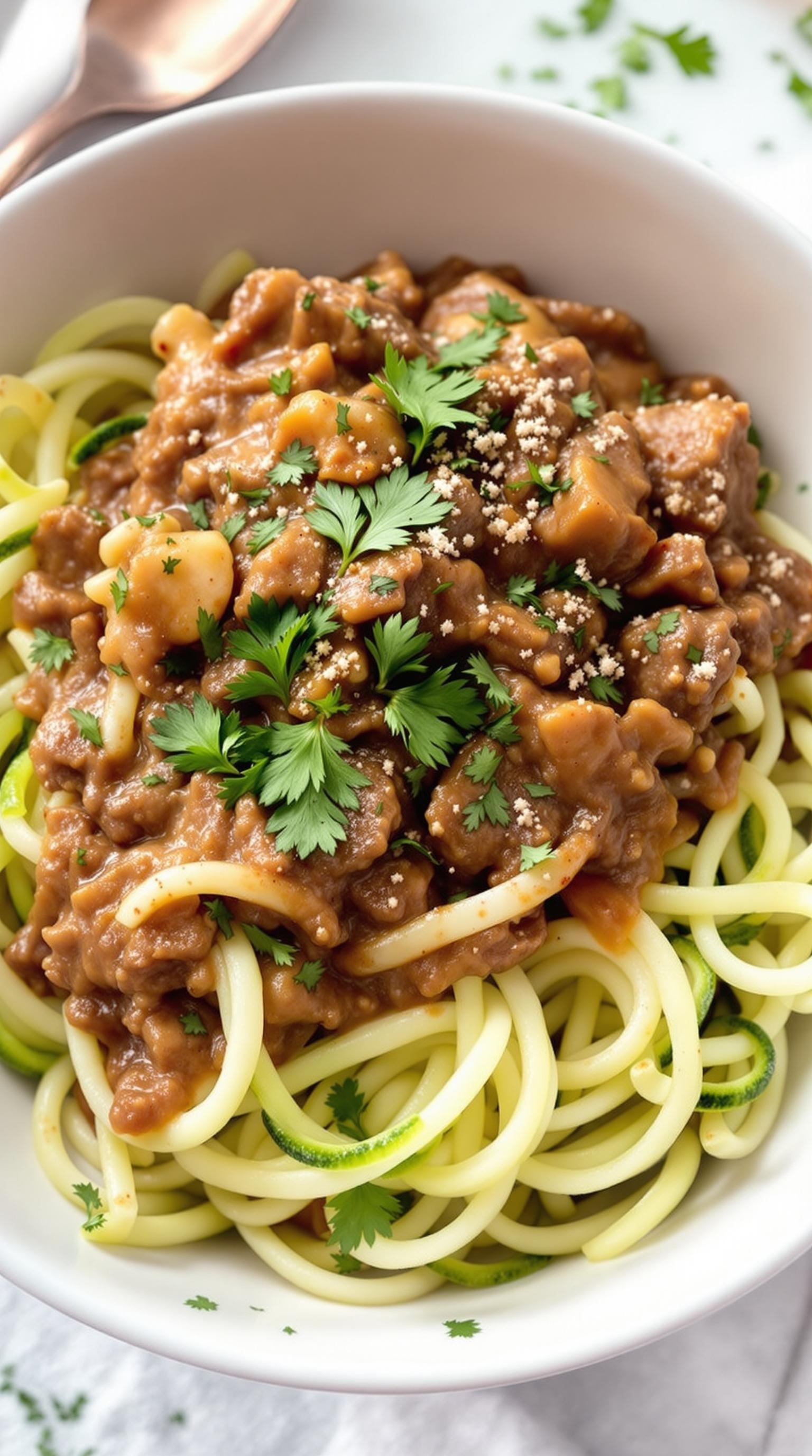A bowl of Beef Stroganoff served over zucchini noodles, garnished with herbs and spices.