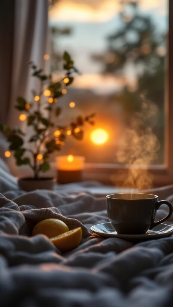 A cozy morning scene with a steaming cup of lemon water, fresh lemons, and a view of a sunrise.