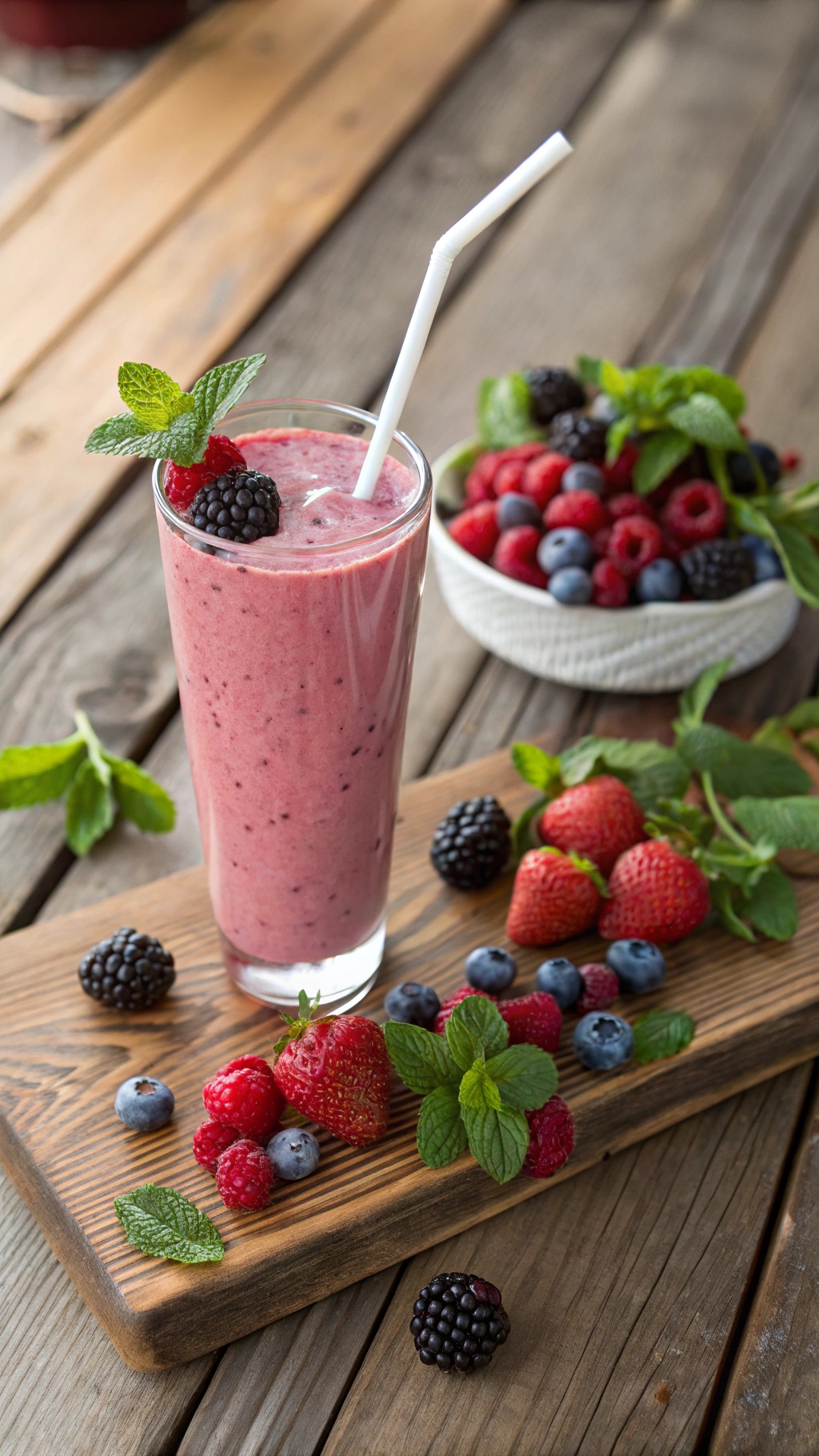 A refreshing berry-infused smoothie in a tall glass, surrounded by fresh berries and mint leaves on a wooden surface.