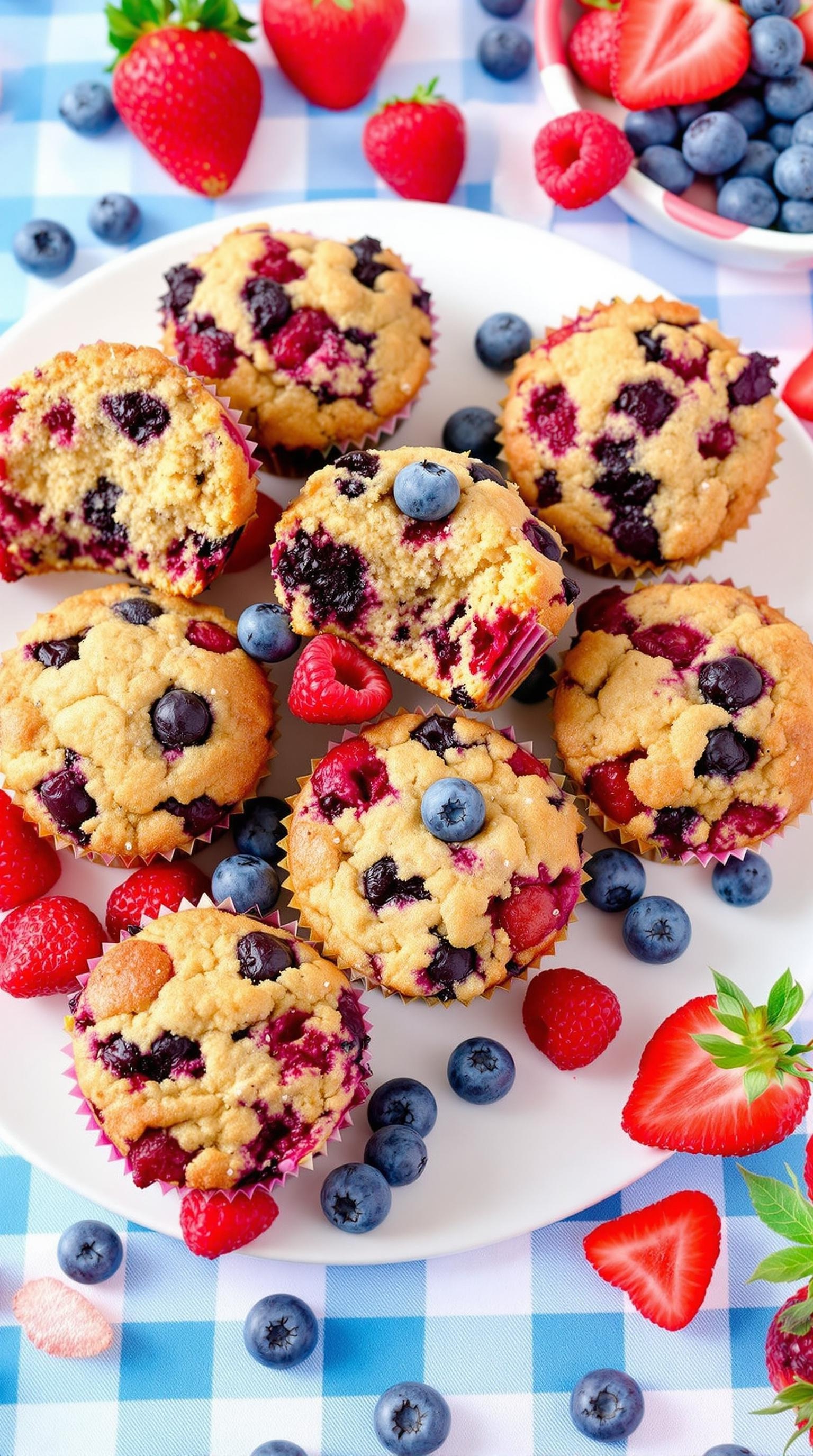 A plate of mixed berry protein muffins surrounded by fresh berries on a blue checkered tablecloth.