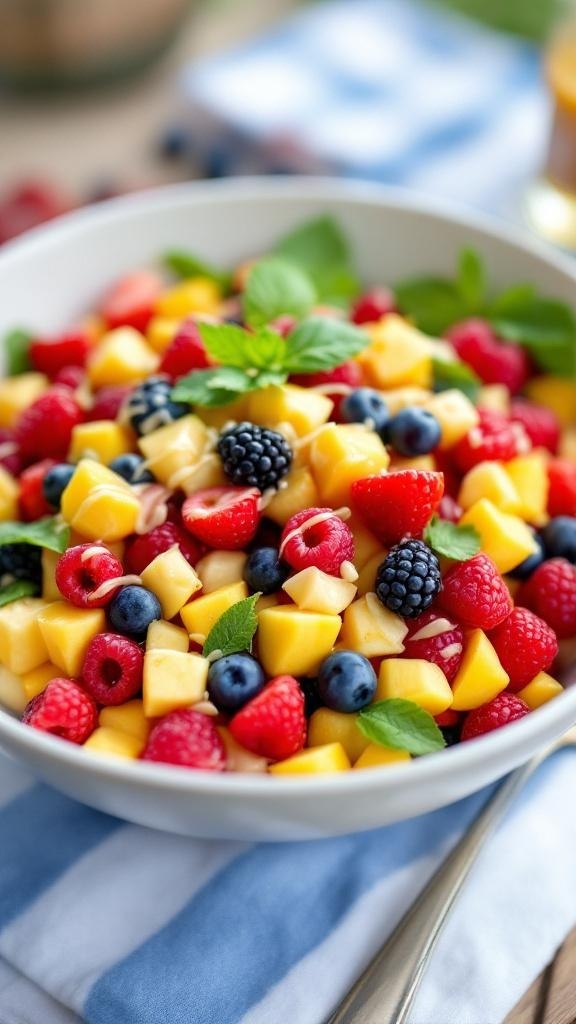 A colorful bowl of mixed fruit salad with strawberries, blueberries, raspberries, and mango, garnished with mint leaves.