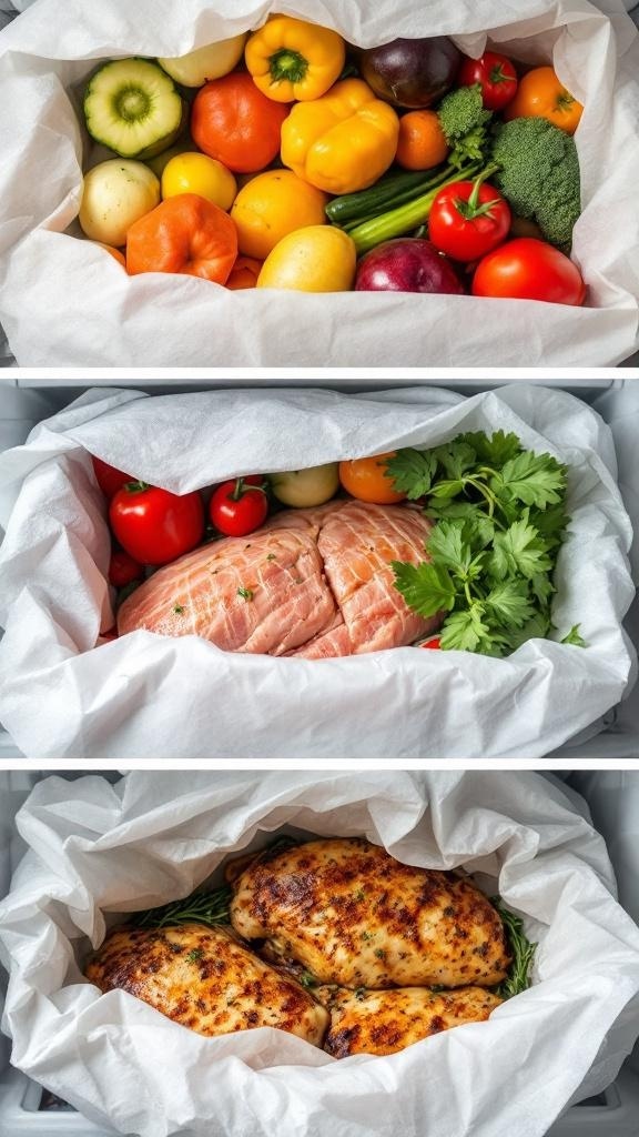 An assortment of colorful vegetables, meats, and cooked chicken prepared for freezing.