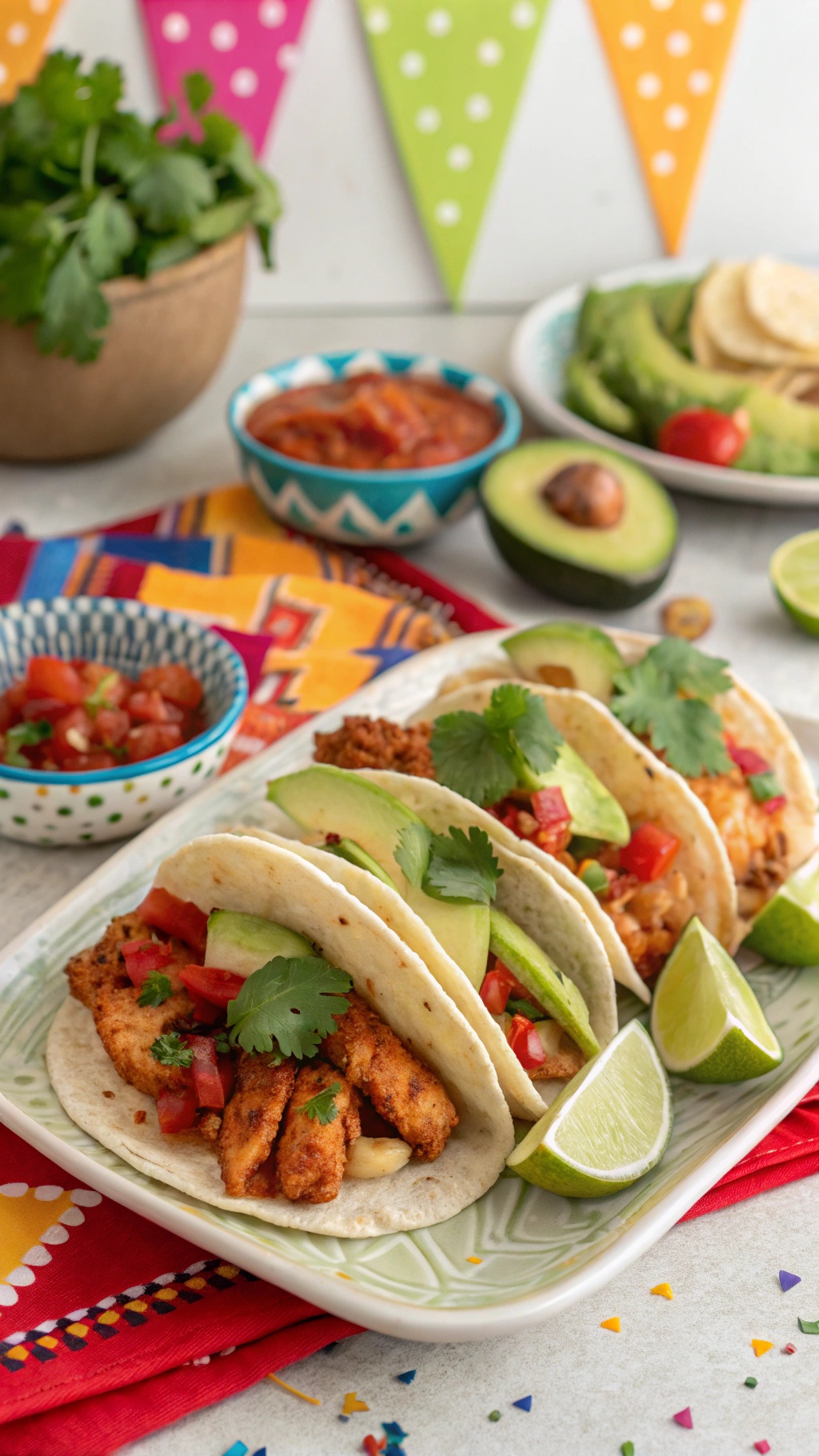Spicy chicken tacos with fresh toppings and sides