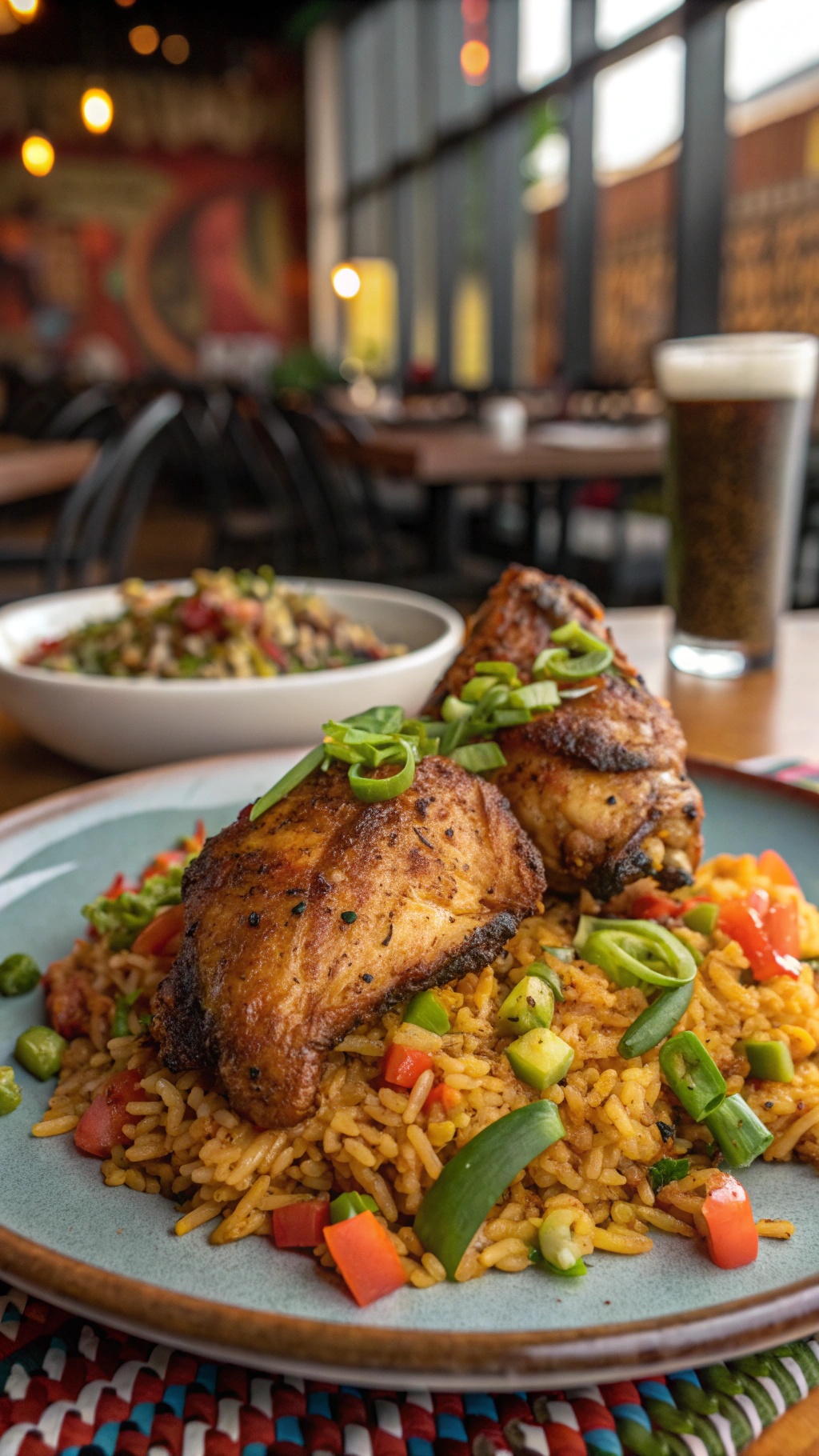A plate of Cajun chicken thighs served over colorful rice with vegetables.
