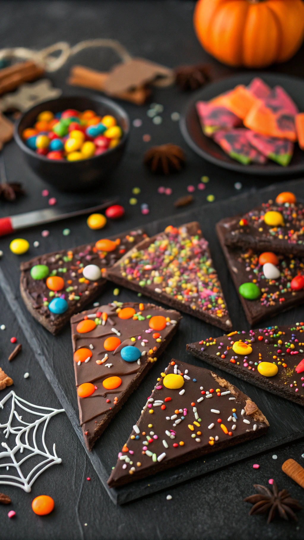 Colorful chocolate bark decorated with candies and sprinkles on a black background