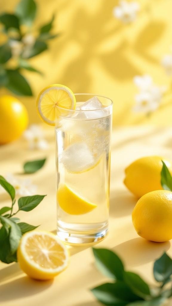 A refreshing glass of lemon water with ice, surrounded by fresh lemons and green leaves.