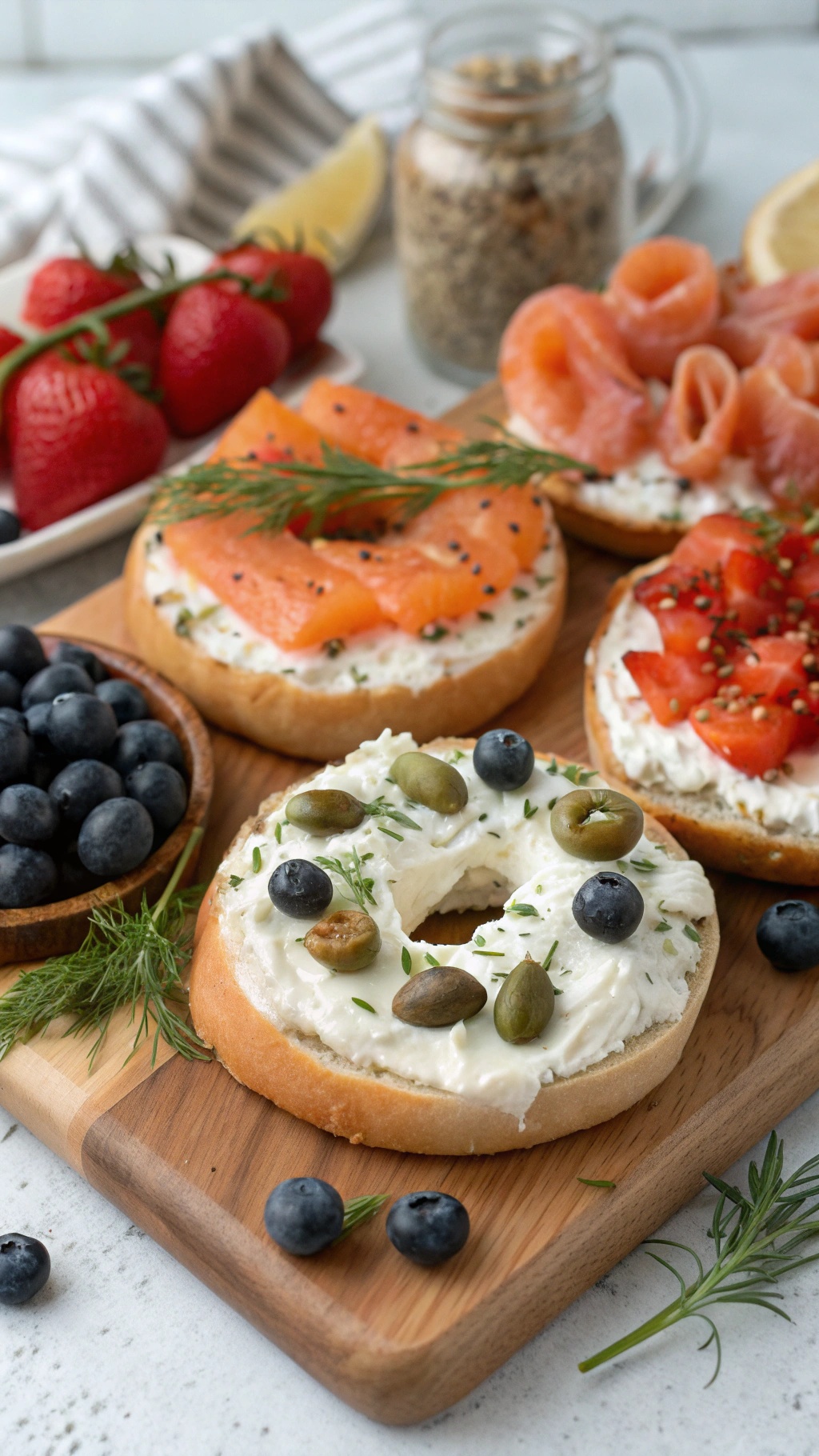 An assortment of bagels topped with cream cheese, smoked salmon, tomatoes, blueberries, and olives on a wooden board.