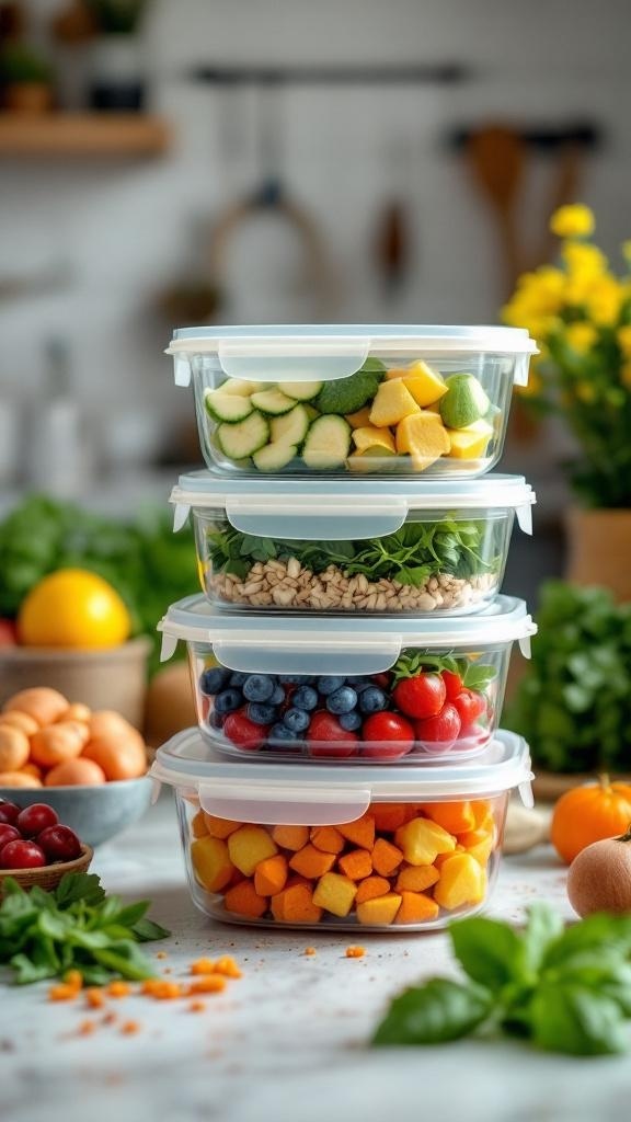 Stack of BPA-free glass meal prep containers filled with colorful fruits and vegetables.