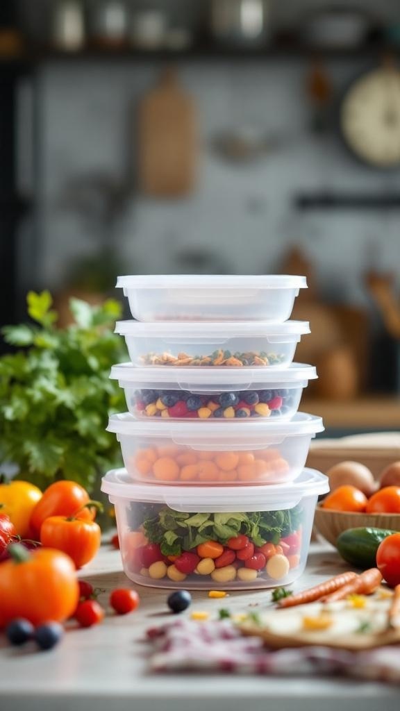 Stack of BPA-free plastic meal prep containers filled with colorful vegetables and fruits, surrounded by fresh produce.
