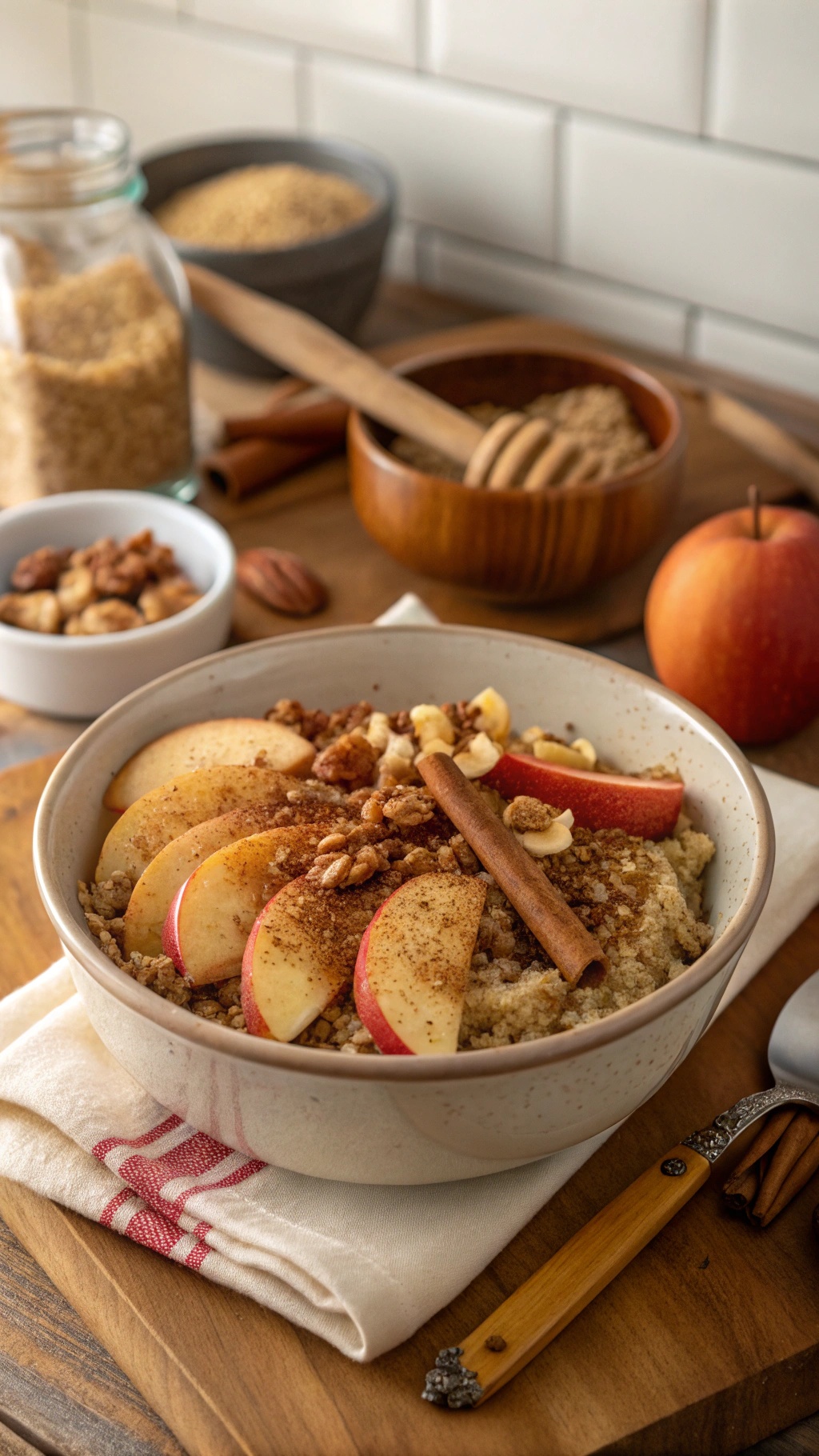 A cozy bowl of breakfast quinoa topped with apple slices, cinnamon, and nuts.