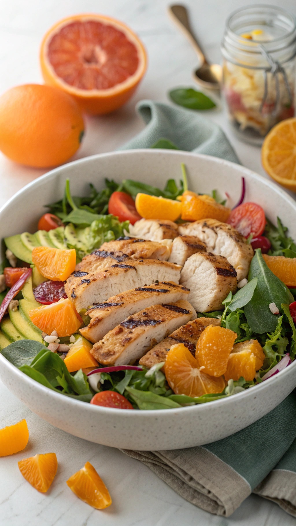 A vibrant citrus chicken salad with grilled chicken, oranges, and greens.