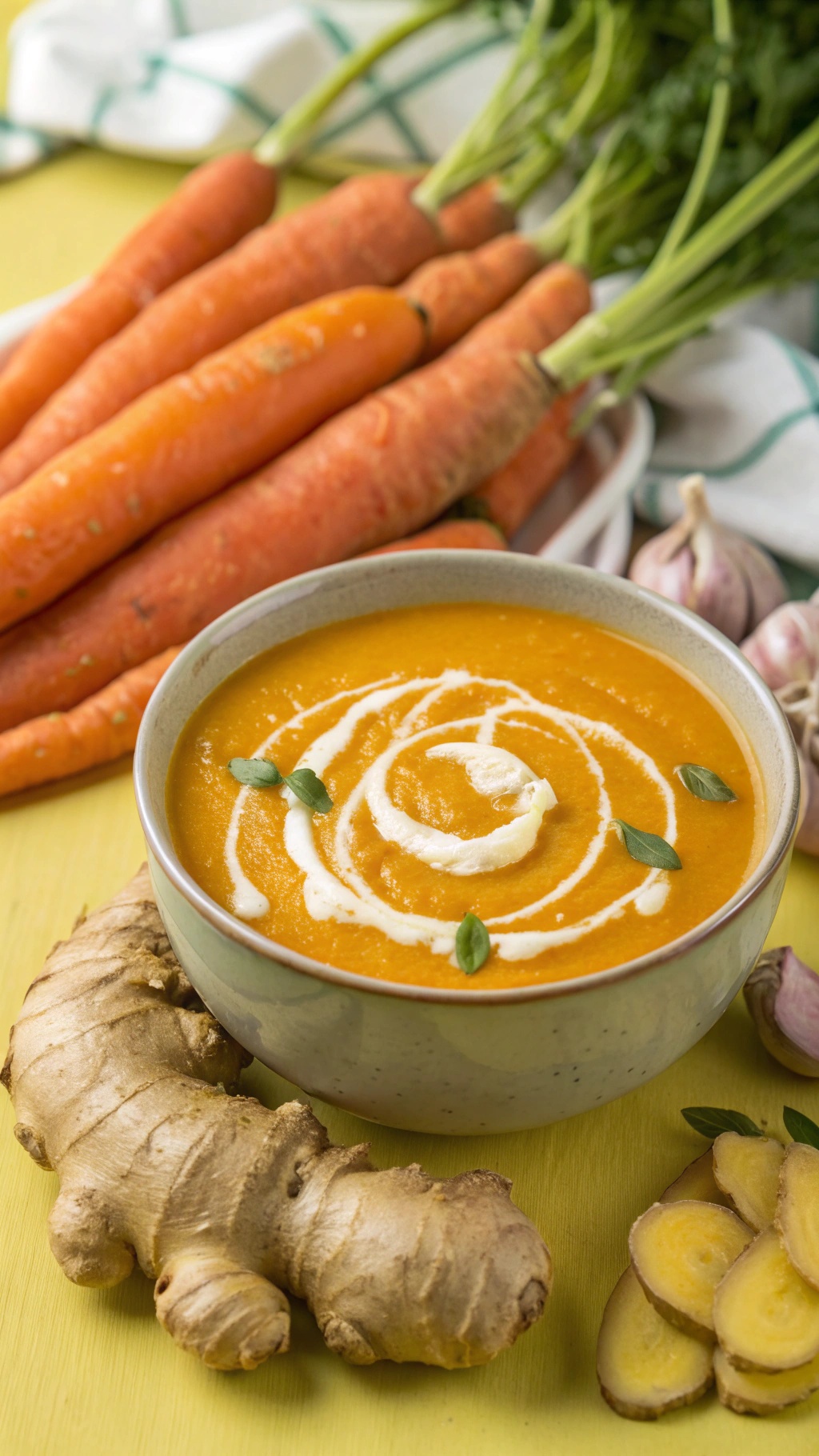 A bowl of bright orange carrot ginger soup with fresh carrots and ginger root in the background.